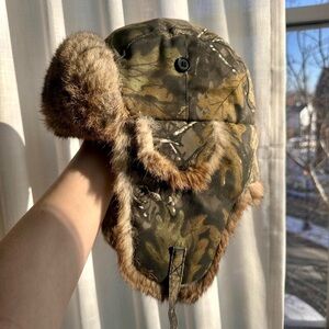 Vintage Yukon Tracks Genuine Rabbit Fur Lined Trapper Hat, Camouflage Print, L